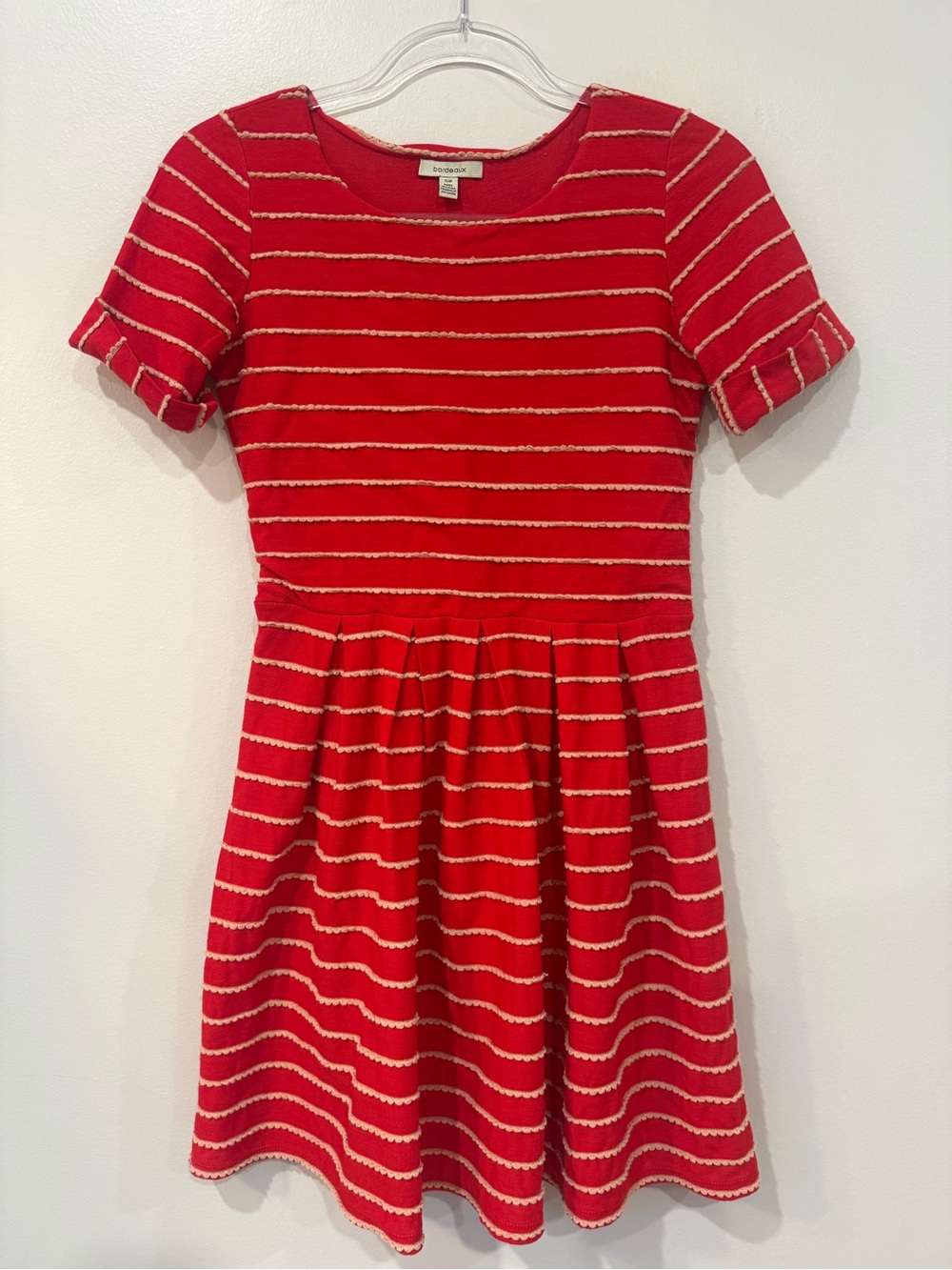 Anthropologie Bordeaux Red Scalloped Stripe Knit Dress S ASO Taylor Swift
